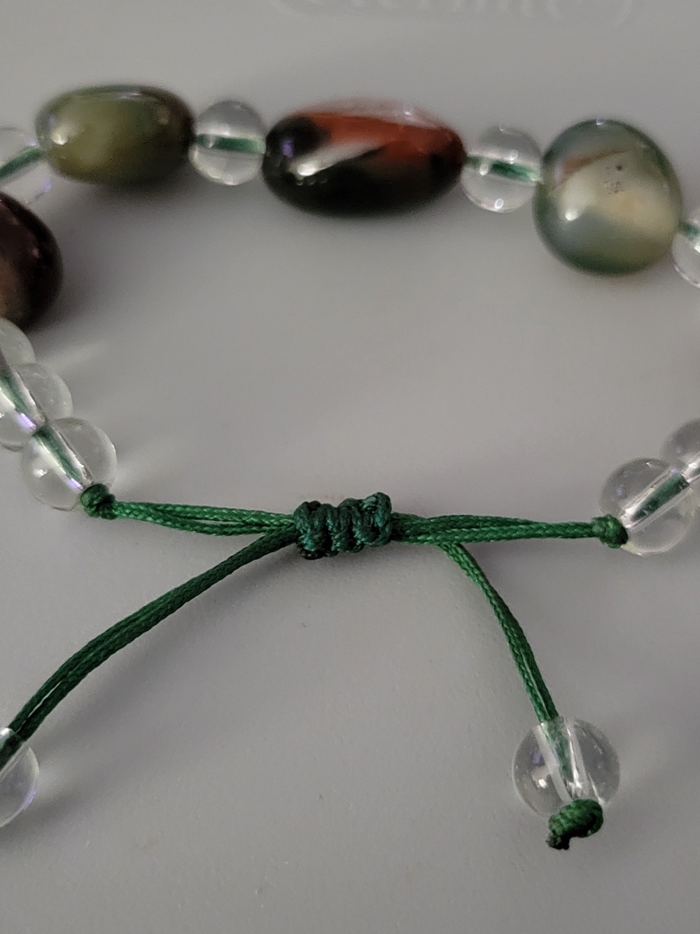 Green Cord Beaded Bracelet with Clear and Olive Accents